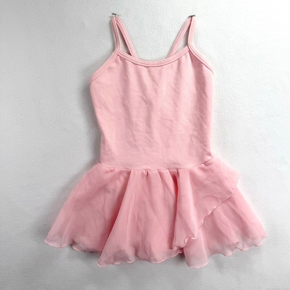 Pink Ballet Leotard Kids XS Double Strap Criss Cross Back Attached Chiffon Skirt